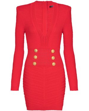 Balmain Long-Sleeve Buttoned V-Neck Knit Mini Dress - Red