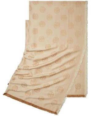 Tory Burch Scarf With Logo Medallion Pattern - Natural