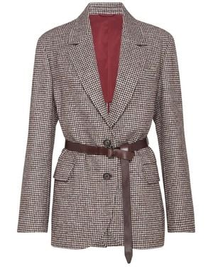 Brunello Cucinelli Wool And Alpaca Houndstooth Blazer With Leather Belt And Monili Clothing - Brown