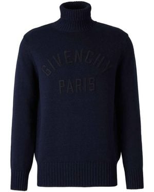 Givenchy Turtleneck Sweater In Cotton With Paris Embroidery Clothing - Blue