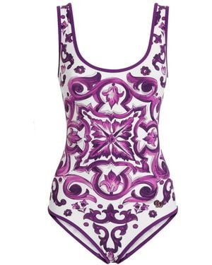 Dolce & Gabbana Majolica Print One Piece Swimsuit - Purple