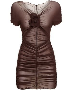 Philosophy Di Lorenzo Serafini Ruched Mini Dress With Floral Detail And Sheer Overlay - Brown