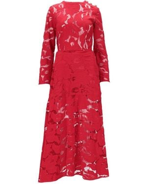 Patou Long Sleeves Lace Midi Dress - Red