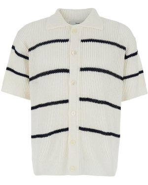 DUNST White Knitted Polo Shirt With All-over Striped Motif In Linen Blend Man