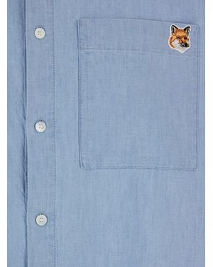 Maison Kitsuné Blue Shirt With Classic Collar And Logo Patch On The Front In Cotton Man