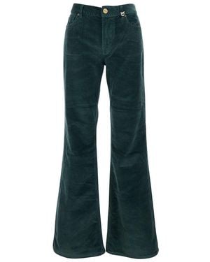Pinko Green Pants With Plaque On The Front And Logo Patch On The Back In Corduroy Woman - Blue