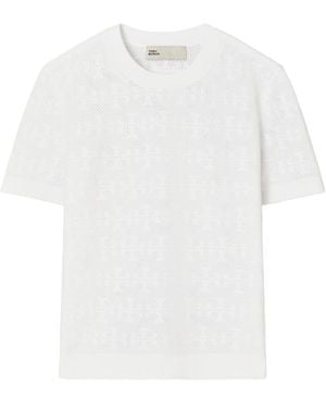 Tシャツ・カットソー TORY BURCH T Monogram Jacquard viscose blend t-shirt WHITE Embroidered Logo T-Shirt: Women's Clothing | Tops | Tory