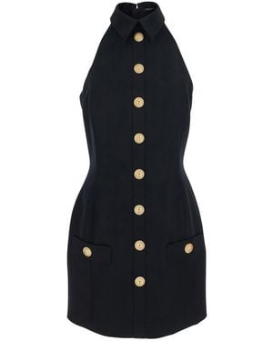 Balmain Dress With Pointed Collar And Logo Buttons On The Front - Blue