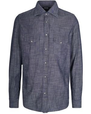 Eleventy Textured Cotton Shirt With Pearl-Like Buttons And Flap Pockets - Blue