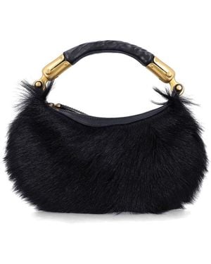 Balmain Genuine Fur Handbag With Leather Handle - Blue