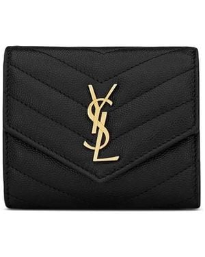 Saint Laurent Cassandre Matelassé Tri-fold Wallet In Grain De Poudre Leather Accessories - Black
