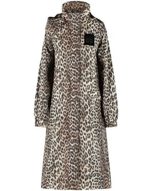 Ganni Leopard Print Polyamide Parka - Gray
