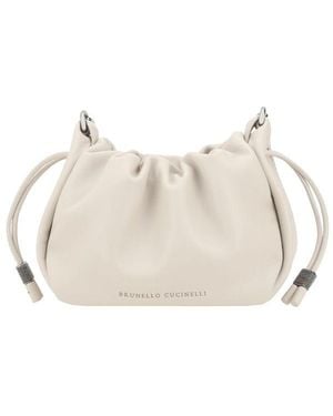 Brunello Cucinelli 'Mellow' Crossbody Bag With Drawstring Closure And Chain Shoulder Strap - White