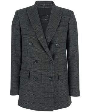 Plain Double-Breasted Jacket With Peak Revers And All-Over Striped Motif - Black