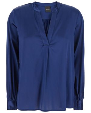 Plain Blouse With V Neck And Buttoned Cuffs - Blue