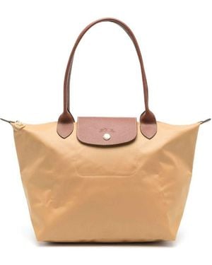 Longchamp 'M Le Pliage Original' Handbag With Embossed Logo - Natural