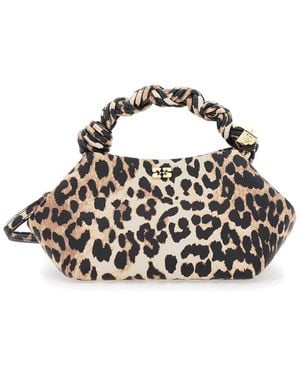 Ganni 'Bou' Small Handbag With Braided Handle And All-Over Leopard Motif - Brown