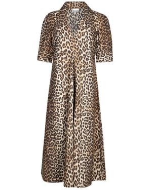 Ganni Leopard Print Long Dress - Natural