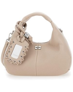 Ganni Handbag With Removable Shoulder Strap And Pendant With Logo - Natural