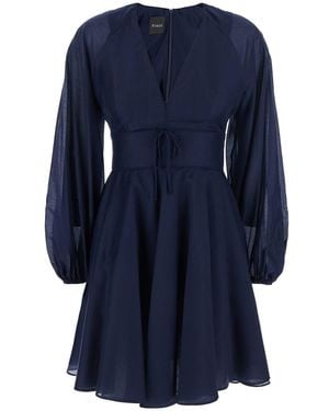 Plain Mini Dress With V Neck And Puffed Sleeves - Blue
