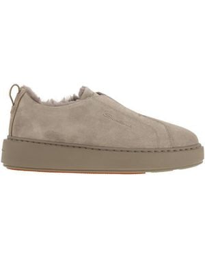 Santoni Slip-On Suede Sneakers With Fur - Brown