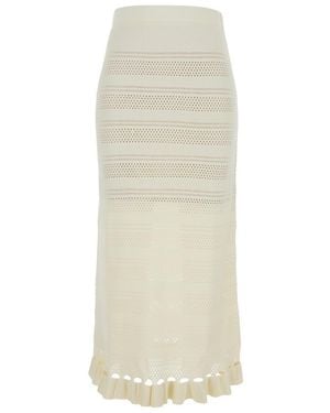 Twinset White Skirt With Ruched Trims And Perforated Design In Wool Blend Woman