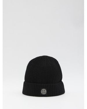 Stone Island Beanie With Compass Logo Patch - Black