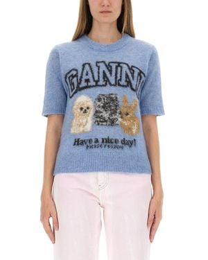 Ganni "puppies" Knitted T-shirt - Blue