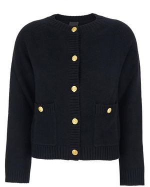 Plain Crewneck Cardigan With Jewel Buttons And Two Front Patch Pockets - Blue