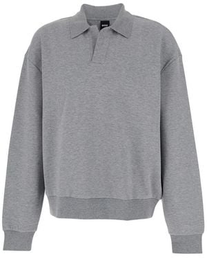 BOSS Long-Sleeve Polo Shirt With Dropped Shoulders And Ribbed Trims - Grey