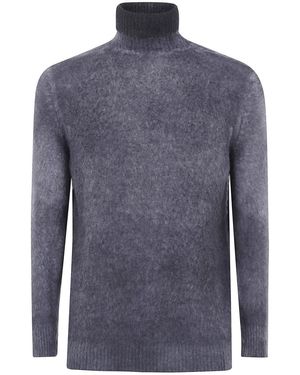 Avant Toi Hand Painted Brushed Cotton High Neck Pullover - Blue