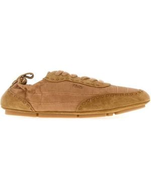 Fendi Camel Leather And Suede Fit Trainers - Brown