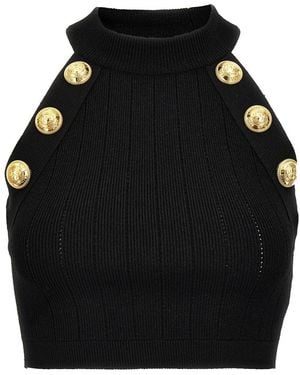 Balmain Knitted Cropped Top With Embossed Buttons - Black