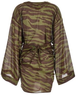 The Attico Mini Dress With Plunging V Neck And All-Over Print - Green