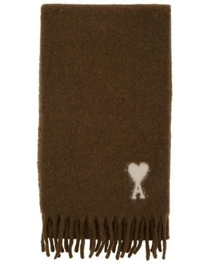 Ami Paris Brown Scarf With Adc Embroidery On The Front And Fringed Hem In Wool Blend Woman