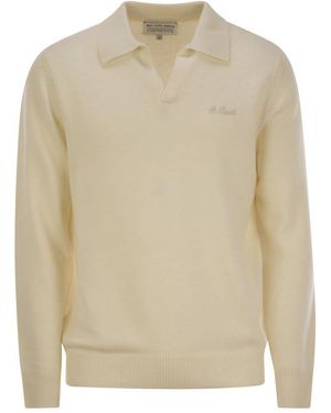Mc2 Saint Barth Cashmere Blend Sweater With Polo Neck - Natural