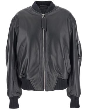 The Attico Oversized Leather Bomber Jacket With Ribbed Details - Black
