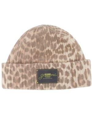 Ganni Graphic Leopard Beanie - Natural