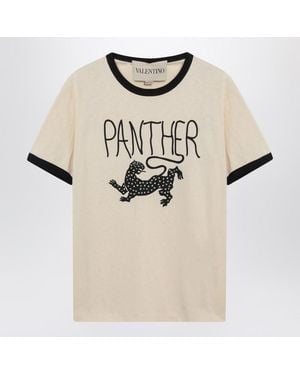Valentino Garavani Butter-Colored T-Shirt With Panther Print - Natural