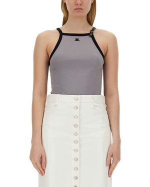 Courreges Fitted Top With Central Logo And Contrasting Trim - Grey