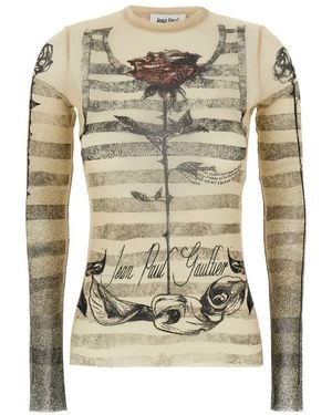 Jean Paul Gaultier Printed Stretch Tulle Top With Crew Neck - Gray