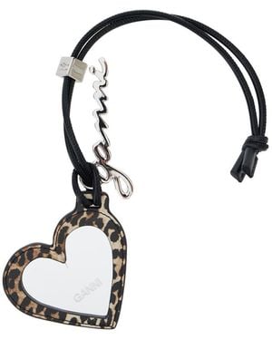 Ganni 'bou Heart' Brown Mirror With Logo Lettering Pendant And Leopard Motif In Metal Woman - Black