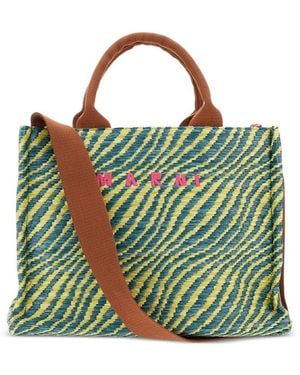 Marni Wavy Raffia-Effect Small Tote Bag - Green