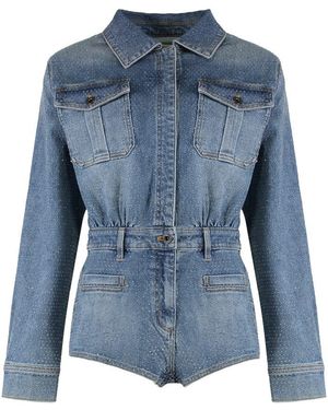 Self-Portrait Denim Jumpsuit With Rhinestones - Blue