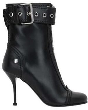 McQueen Leather Ankle Boots With Zippered Closure And Adjustable Buckle - Black