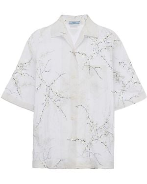 Prada Floral-Embroidered Short-Sleeved Sheer Shirt - White