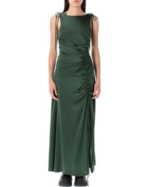 Ganni Satin Gathered Long Dress - Green