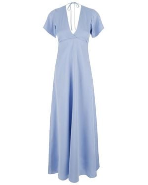Plain Short Sleeves Long Dress - Blue
