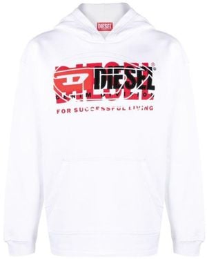DIESEL Hooded Print Sweatshirt With Front Pockets - White
