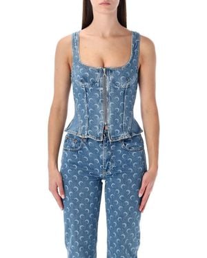 Marine Serre Moon Laser Denim Bustier Top - Blue